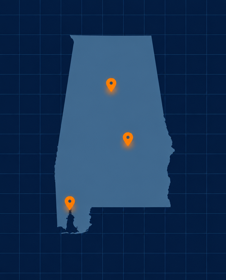 Map of Alabama showing WeRoofAlabama service areas in Birmingham, Montgomery, and Mobile